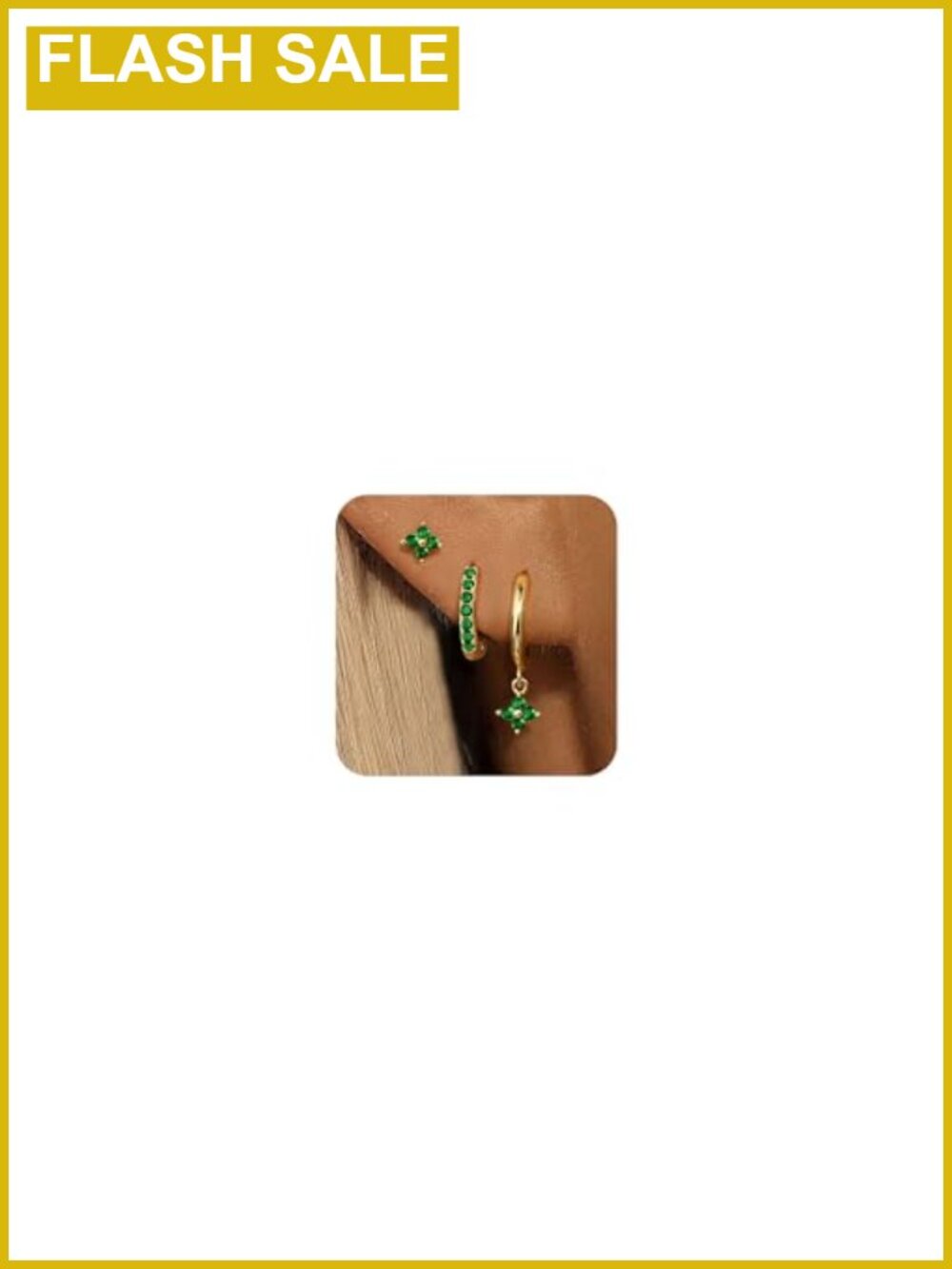 3 Pairs Gold Plated Green Clover Hoop Earrings Set Hypoallergenic 14K
